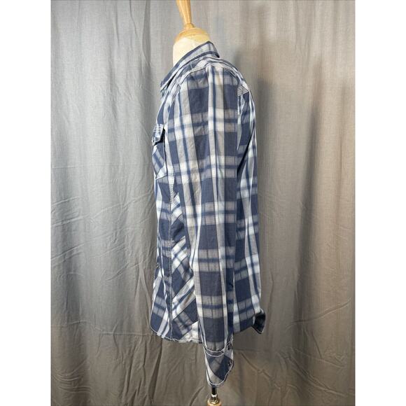 BKE Western Tailored Fit Shirt Mens L LongSleeve Blue Plaid Metal Buttons - Picture 3 of 10